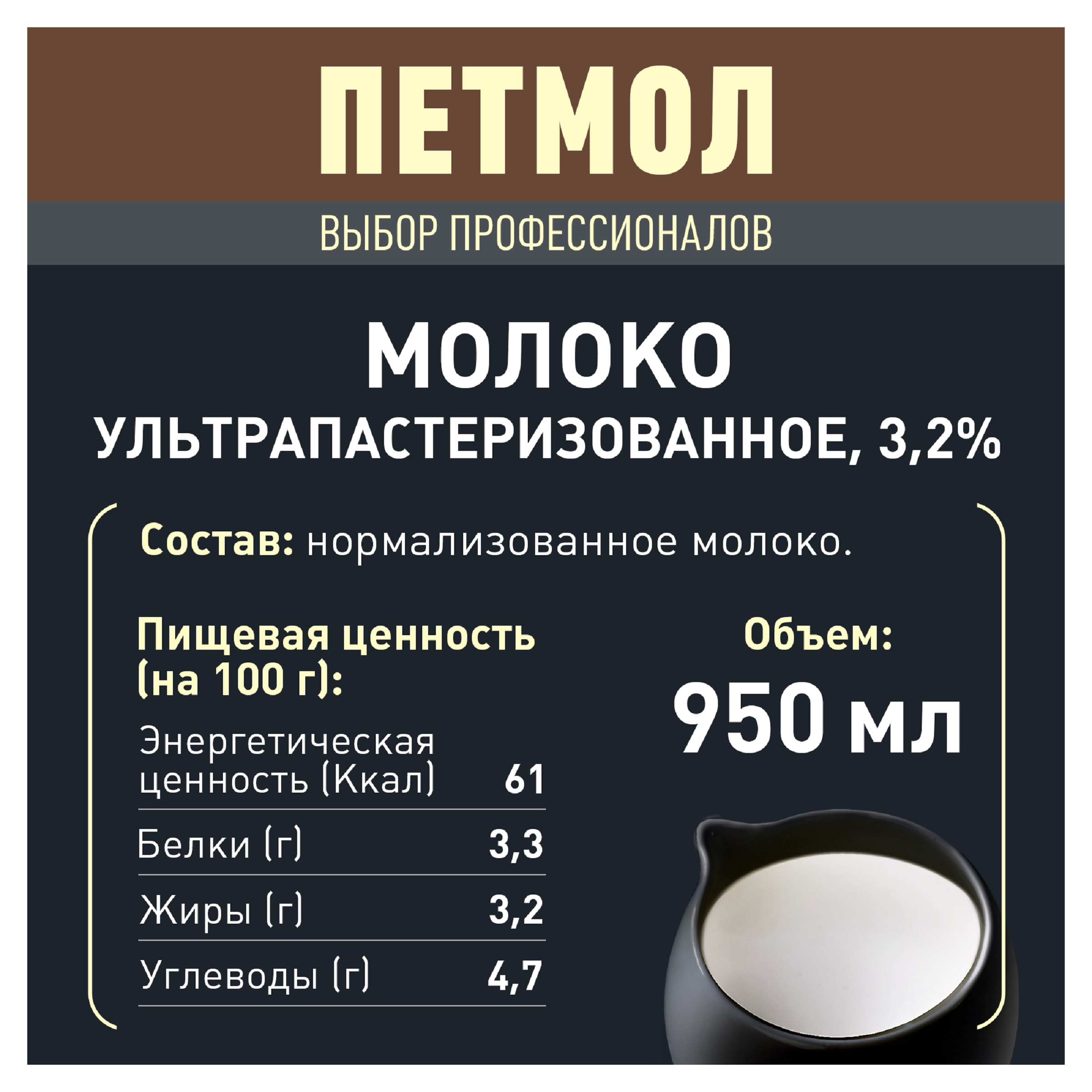 Молоко ультрапастеризованное ПЕТМОЛ Для капучино 3,2% обогащенное молочным  белком, без змж, 950мл - купить с доставкой в Москве и области по выгодной  цене - интернет-магазин Утконос