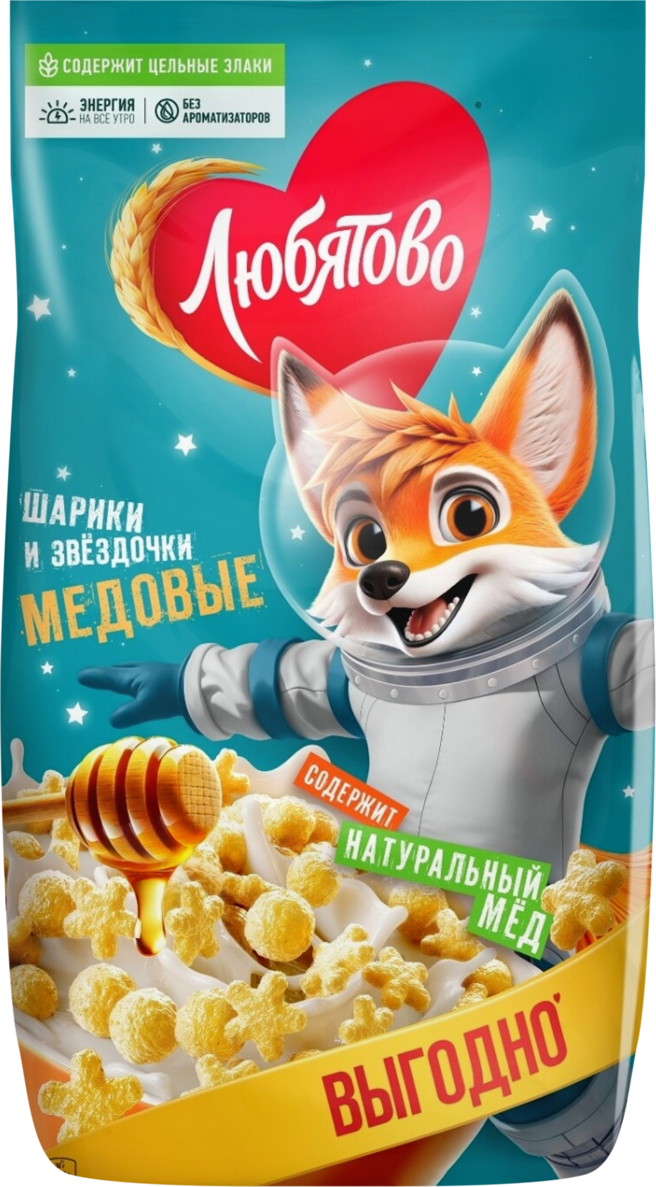 Изображение товара Готовый завтрак ЛЮБЯТОВО Медовые шарики и звездочки, 420г Изображение товара Готовый завтрак ЛЮБЯТОВО Медовые шарики и звездочки, 420г