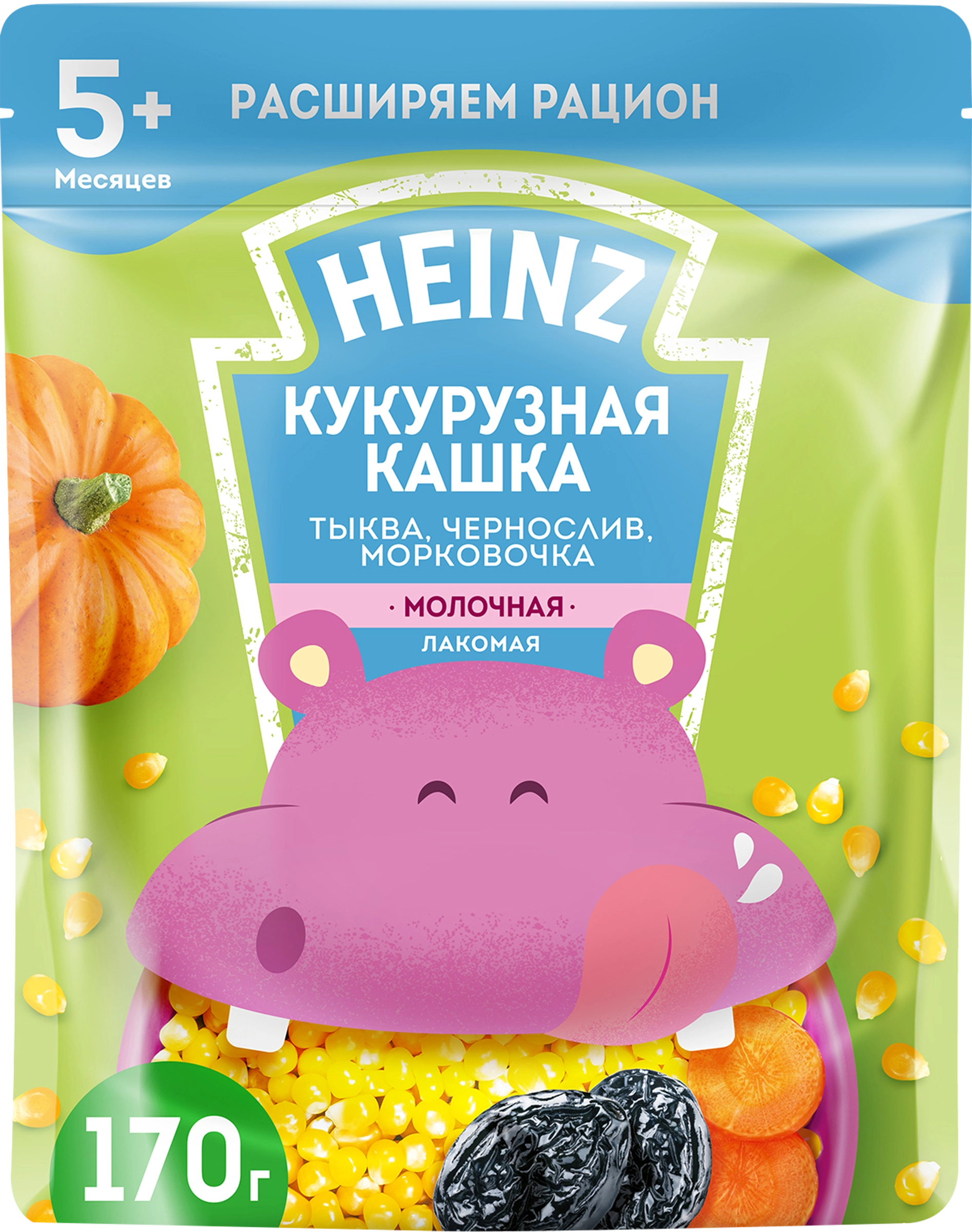 Каша кукурузная HEINZ Лакомая, молочная с тыквой, морковью и черносливом, с  5 месяцев, 170г