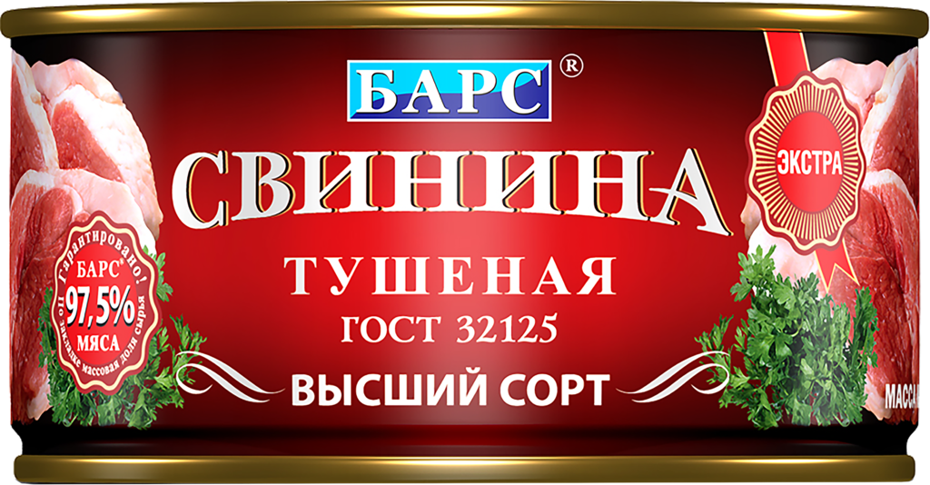 Изображение товара Свинина тушеная БАРС высший сорт - готовый обед в железной банке 325г Изображение товара Свинина тушеная БАРС высший сорт - готовый обед в железной банке 325г