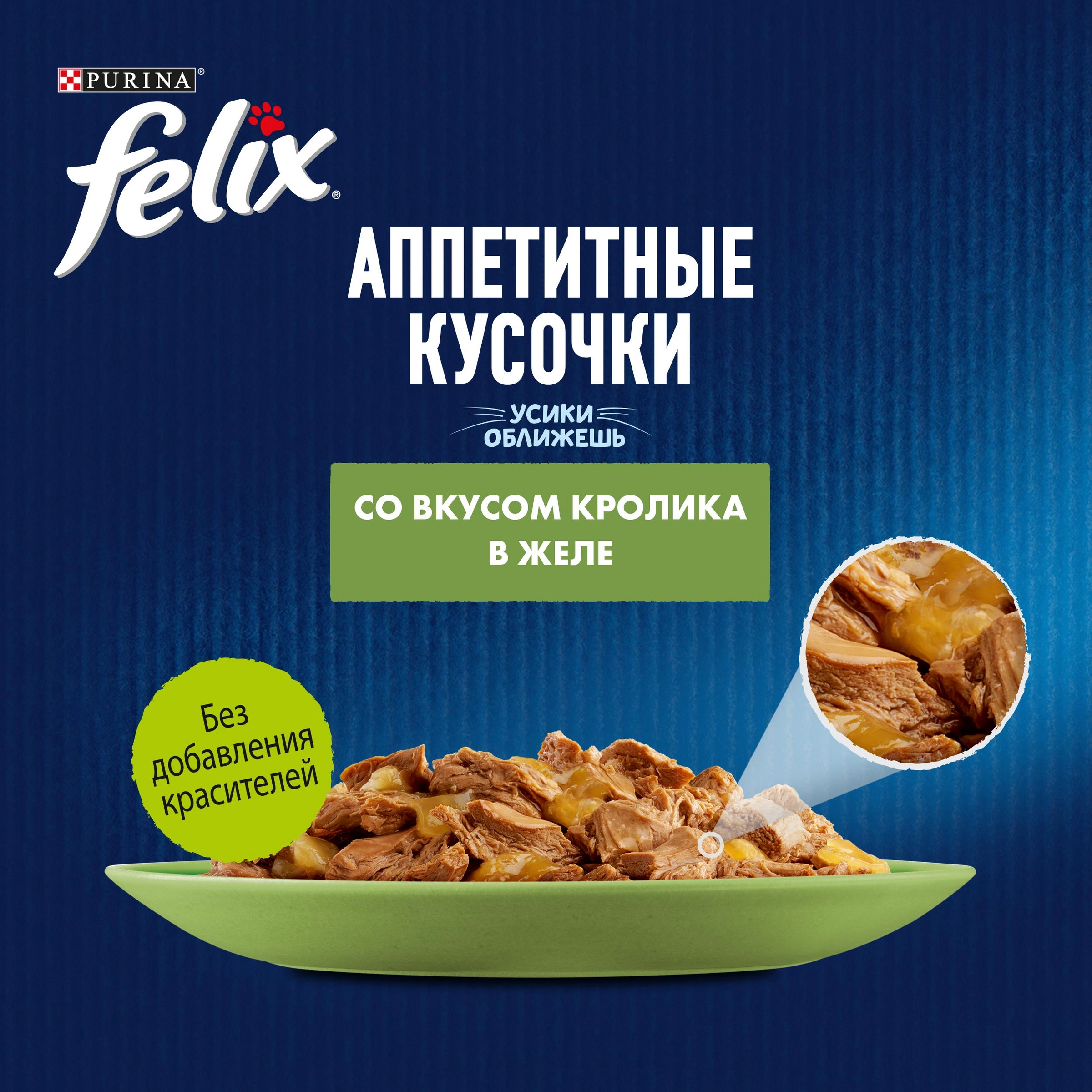 Корм влажный для взрослых кошек FELIX Аппетитные кусочки Кролик в желе, 75г  - купить с доставкой в Москве и области по выгодной цене - интернет-магазин  Утконос