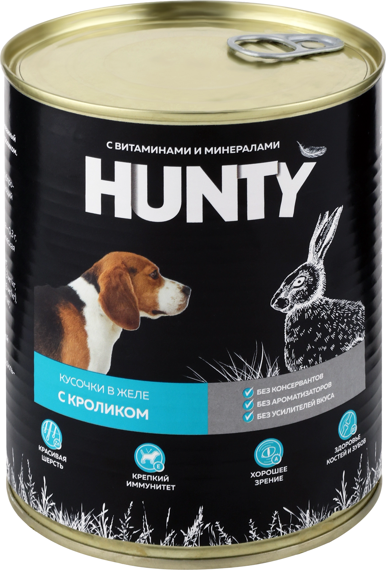 Корм консервированный для собак HUNTY сочные кусочки в желе с кроликом, 850г