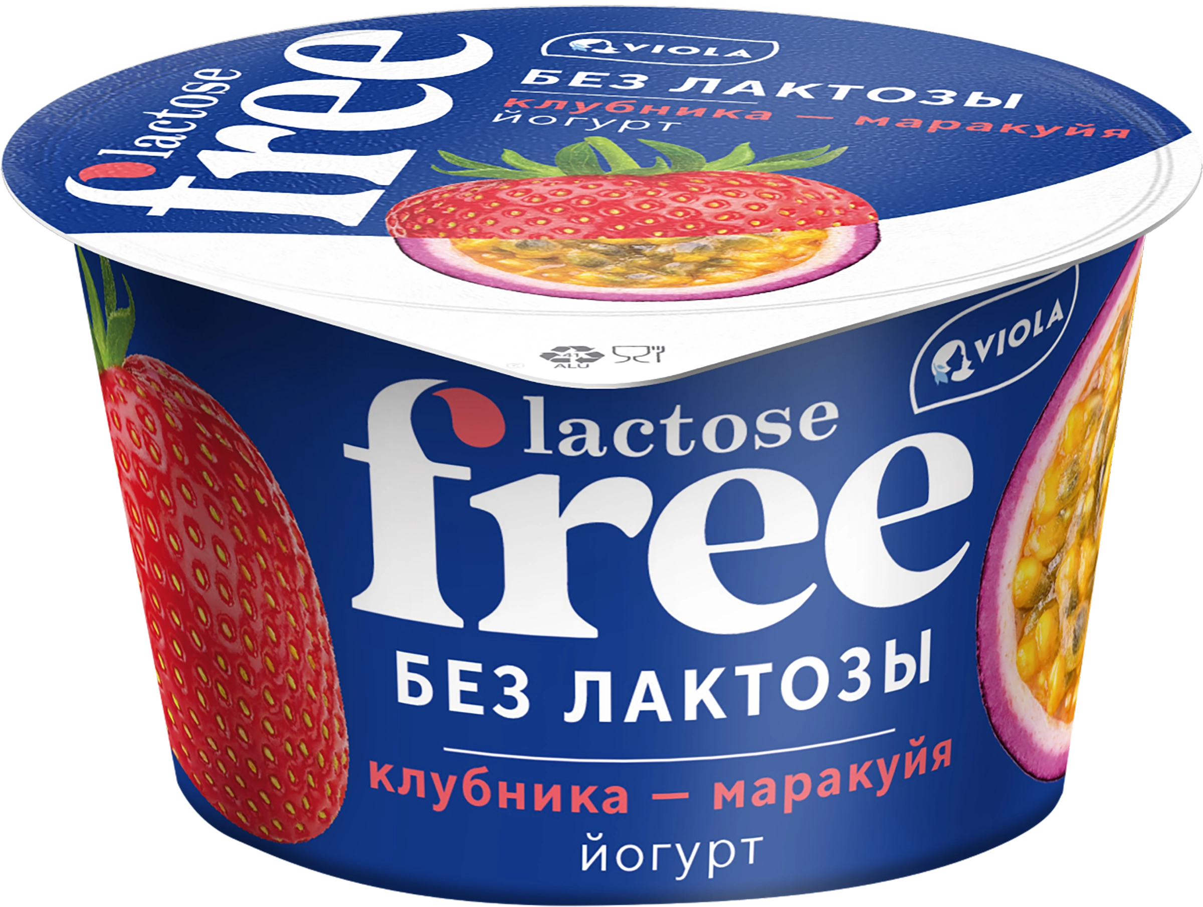 Йогурт VIOLA FREE безлактозный с наполнителем Клубника, маракуйя 2,7%, без  змж, 180г