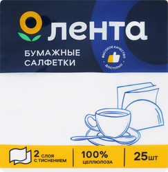 Салфетки бумажные ЛЕНТА 2 слоя белые 33x33см, 25шт, вид