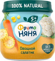 Пюре овощное ФРУТОНЯНЯ Овощной салатик Цветная капуста, кукуруза и морковь, с 5 месяцев, 80г, крупный план