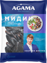 Мидии варено-мороженые AGAMA в створках, в собственном соку, 450г, картинка