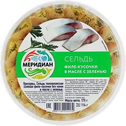 Сельдь МЕРИДИАН филе-кусочки в масле с зеленью, 175г, детальное фото