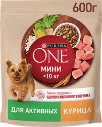 Корм сухой для взрослых собак PURINA ONE для мелких пород с активных образом жизни, с высоким содержанием курицы и с рисом, 600г, детальное фото