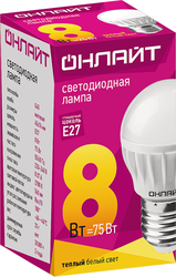 Лампа светодиодная ОНЛАЙТ Шар 8Вт, E27, теплый свет, Арт. 71626, картинка