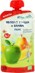 Пюре фруктовое FLEUR ALPINE Яблоко, груша и банан, с 6 месяцев, 120г, крупный план