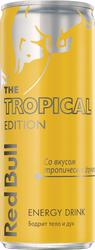 Напиток энергетический RED BULL Tropical Edition тонизирующий газированный, 0.25л, крупный план