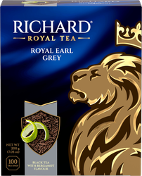 Чай черный RICHARD Royal Earl Grey Цейлонский с ароматом бергамота байховый, 100пак, крупный план