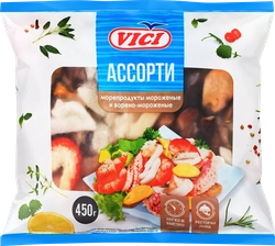 Ассорти из морепродуктов варено-мороженное VICI с изделиями формованными (имитация из сурими), 450г