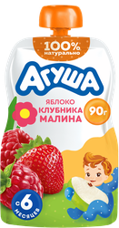 Пюре фруктово-ягодное детское АГУША Яблоко, клубника, малина, с 6 месяцев, 90г, фотография