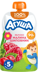 Пюре фруктово-ягодное детское АГУША Яблоко, малина, шиповник, с 5  месяцев, 90г, изображение