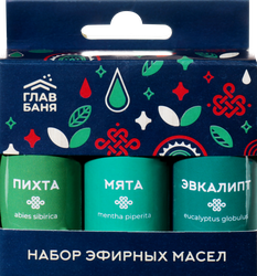 Набор эфирных косметических масел ГЛАВБАНЯ Пихта, Мята и Эвкалипт, Арт. 
Б701, 3х15мл, крупный план