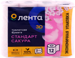 Бумага туалетная ЛЕНТА 2 слоя с ароматом сакуры, белая с розовым тиснением, 12шт, вид
