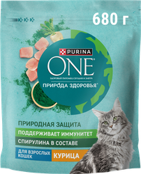 Корм сухой для взрослых кошек PURINA ONE Природа здоровья со спирулиной, с высоким содержанием курицы, 680г, крупный план