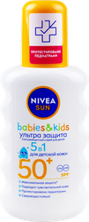 Спрей солнцезащитный детский NIVEA Sun Ультра защита, для чувствительной кожи SPF50+, 200мл, крупный план