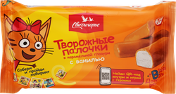Палочки творожные глазированные СВИТЛОГОРЬЕ Три кота с ванилью в карамельной глазури 16%, без змж, палочки, 180г, картинка