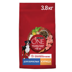 Корм сухой для взрослых собак PURINA ONE для средних и крупных пород, с высоким содержанием курицы и с рисом, 3,8кг, фотография