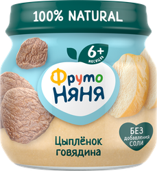 Пюре мясное ФРУТОНЯНЯ Цыпленок с говядиной, с 6 месяцев, 80г, крупный план