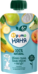 Пюре фруктово-йогуртное ФРУТОНЯНЯ Яблоко, груша, банан и персик, с йогуртом, с 6 месяцев, 90г