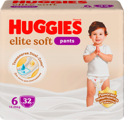 Подгузники-трусики HUGGIES Elite Soft 6 15–25кг, 32шт, крупный план