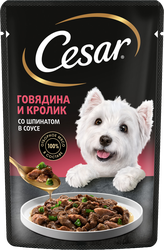 Корм влажный для взрослых собак CESAR с говядиной, кроликом и шпинатом в соусе, 85г, вид