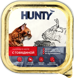 Корм консервированный для взрослых кошек HUNTY с говядиной, кусочки в желе, 100г, фотография
