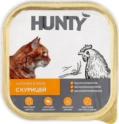 Корм консервированный для взрослых кошек HUNTY с курицей, кусочки в желе, 100г, детальное фото