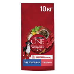 Корм сухой для взрослых собак PURINA ONE для средних и крупных пород, с высоким содержанием говядины и рисом, 10кг, детальное фото