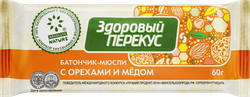 Батончик мюсли ЗДОРОВЫЙ ПЕРЕКУС с орехами с медом, 60г, крупный план