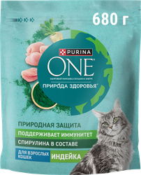 Корм сухой для взрослых кошек PURINA ONE Природа здоровья со спирулиной, с высоким содержанием индейки, 680г, картинка