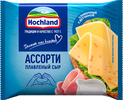 Сыр плавленый HOCHLAND Ассорти: сливочный, ветчина 45%, ломтики, без  змж, 150г, изображение