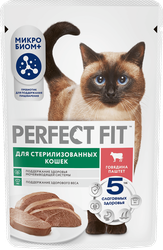 Корм консервированный для взрослых кошек PERFECT FIT Sterile паштет с говядиной, для стерилизованных, 75г, крупный план