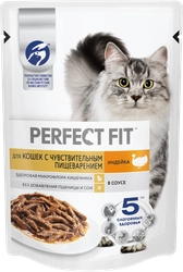 Корм консервированный для взрослых кошек PERFECT FIT Sensitive с индейкой в соусе, для чувствительного пищеварения, 75г