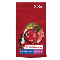 Корм сухой для взрослых собак PURINA ONE для средних и крупных пород,  с высоким содержанием ягненка и рисом, 3,8кг, фото