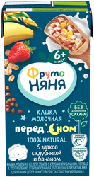 Кашка мультизлаковая ФРУТОНЯНЯ Пред сном, молочная из пяти злаков с клубникой и бананом, с 6 месяцев, 200мл, вид