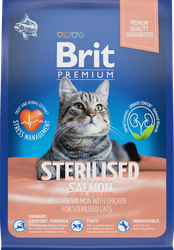 Корм сухой для взрослых кошек BRIT Premium с лососем и курицей, для стерилизованных, 400г, крупный план