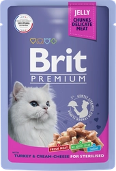 Корм консервированный для взрослых кошек BRIT Premium Индейка с сыром в желе, для стерилизованных, 85г