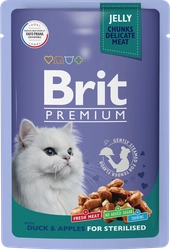 Корм консервированный для взрослых кошек BRIT Premium Утка с яблоками в желе, для стерилизованных, 85г