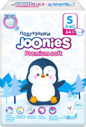 Подгузники JOONIES Premium Soft S 3–6кг, 64шт, крупный план