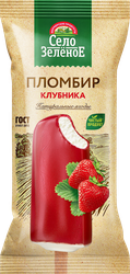 Мороженое СЕЛО ЗЕЛЁНОЕ Пломбир с ароматом клубники во фруктовой глазури  15%, без змж, эскимо, 70г, крупный план