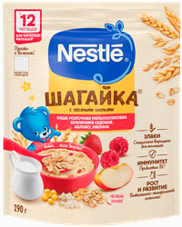 Каша мультизлаковая NESTLE Шагайка молочная, с садовой земляникой, яблоком и малиной, с 12 месяцев, 190г, фото