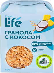 Гранола ЛЕНТА LIFE с кокосом, без сахара, 400г, крупный план