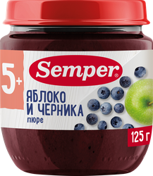 Пюре фруктово-ягодное SEMPER Яблоко и черника, с 5 месяцев, 125г, картинка