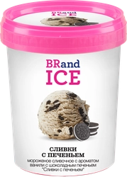 Мороженое BRAND ICE Печенье со сливками, сливочное ванильное с кусочками 
шоколадного печенья 15%,без змж, пластиковый стакан, 600г