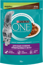 Корм влажный для кошек PURINA ONE Привередливые к вкусу Индейка, утка и морковь, 75г, детальное фото