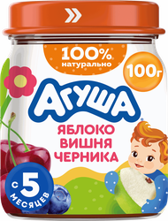 Пюре фруктово-ягодное детское АГУША Яблоко, вишня и черника, с 5 месяцев, 100г, детальное фото